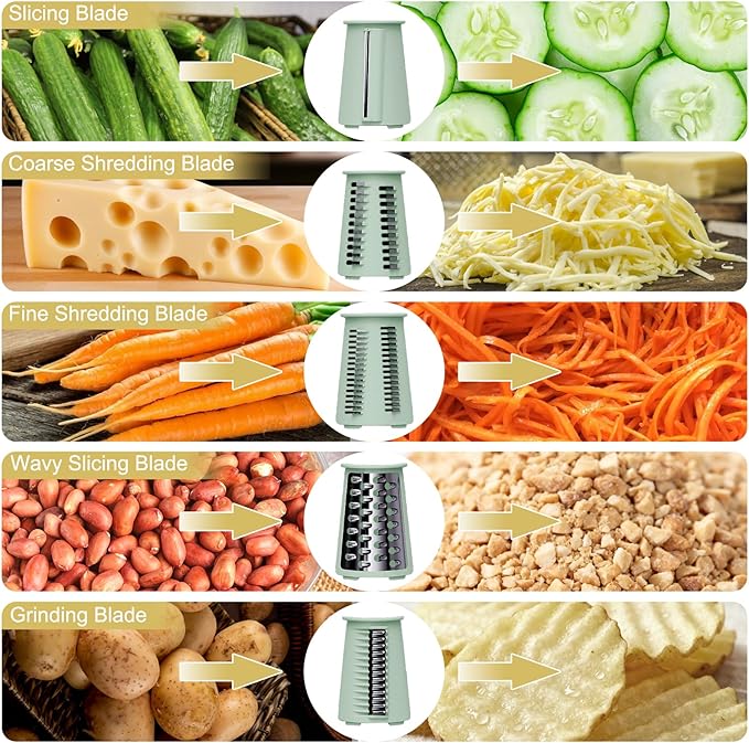 5-in-1 Rotary Cheese Grater and Vegetable Slicer with Suction Base, Green