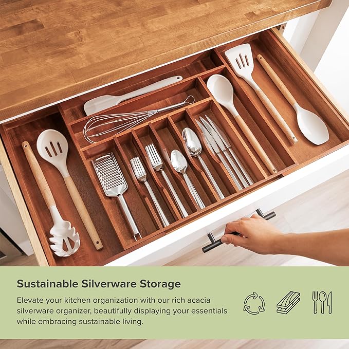 KitchenEdge Silverware & Utensil Drawer Organizer, 18-33 in, Acacia