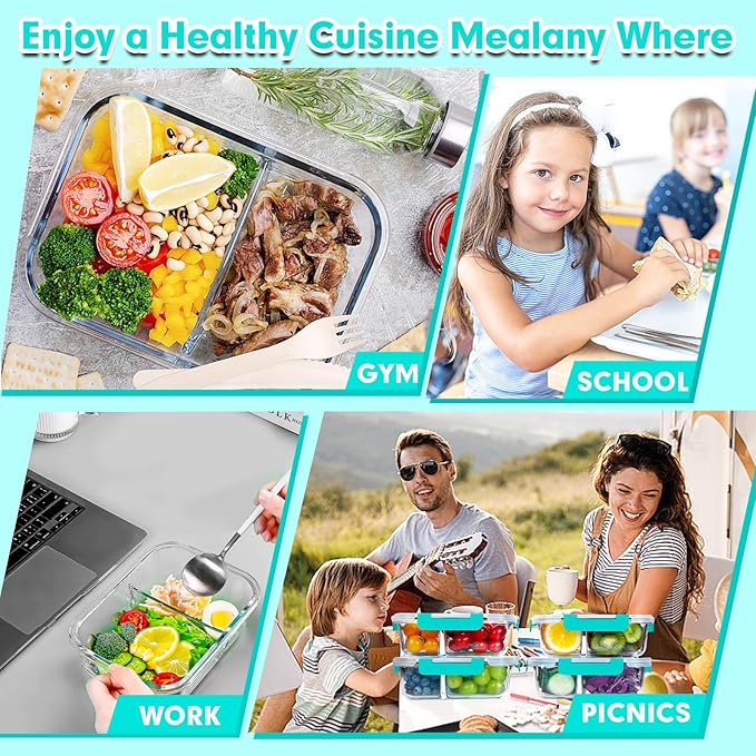 VERONES 5 PACK 36 OZ Glass Food Storage Containers 2 Compartment Set, Green