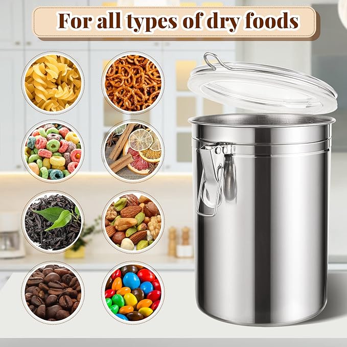 Lallisa 3 Pcs Stainless Steel Kitchen Canister 62 fl oz with Airtight Clear Clamp Lid, Metal Food Storage Container Set for Coffee Bean Ground Coffee Flour Sugar Spice Tea Cereal Snack Candy Pantry