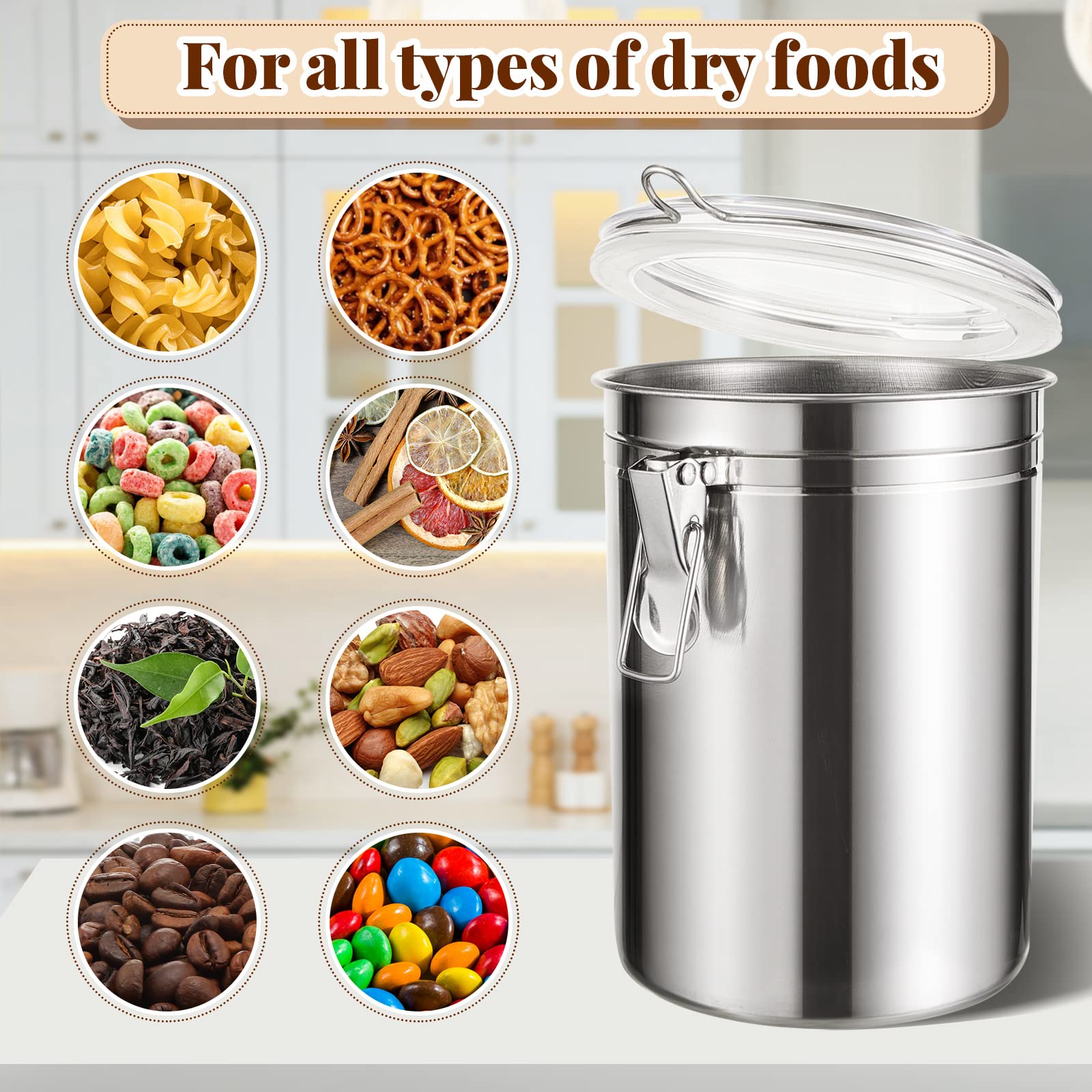 Lallisa 1 Pcs Stainless Steel Kitchen Canister 62 fl oz with Airtight Clear Clamp Lid, Metal Food Storage Container Set for Coffee Bean Ground Coffee Flour Sugar Spice Tea Cereal Snack Candy Pantry