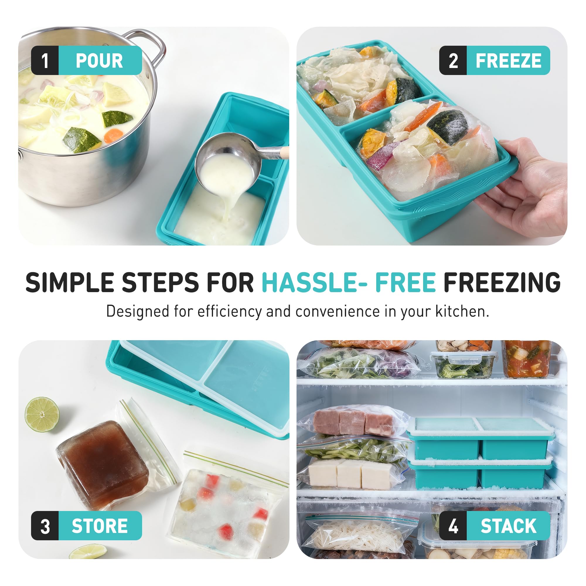 Silicone Freezer Tray with Lid Soup Freezer Container Molds with Steel Reinforced Rim Ice Cube Freezer Molds for Soup, Sauce, Leftovers, Homemade Meal Prep Containers Portion Control Food Storage