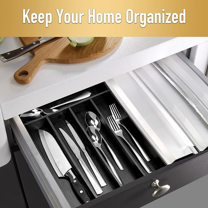 Besilord Bamboo Silverware Holder - Drawer Organizer with 5 Slots (Black)