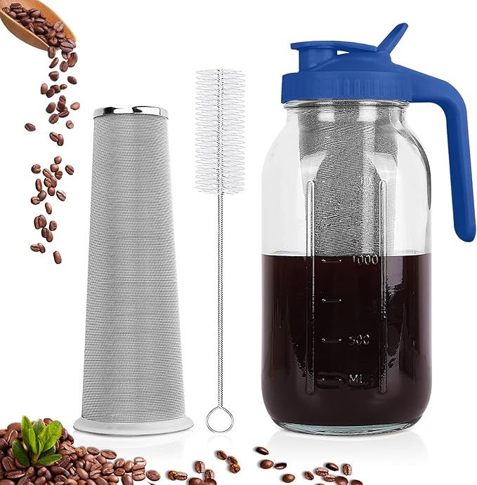 QHH Cold Brew Coffee Maker, 64 oz Mason Jar Pitcher with Stainless Steel Filter, Pour Spout Handle Lid, Heavy Duty Glass Airtight & Leak-Proof for Iced Coffee,Tea & Lemonade