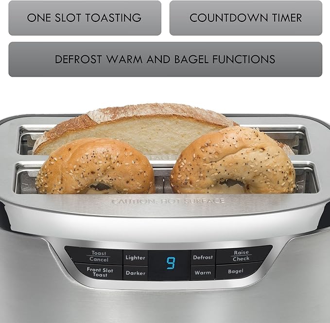 Kenmore Elite 4-Slice Long Slot Toaster Silver, One-Touch Auto-Lift, Stainless Steel, Adjustable Browning, Defrost, Digital Countdown Timer, Retractable Cord, Toast, Bagels, Waffles, English Muffins