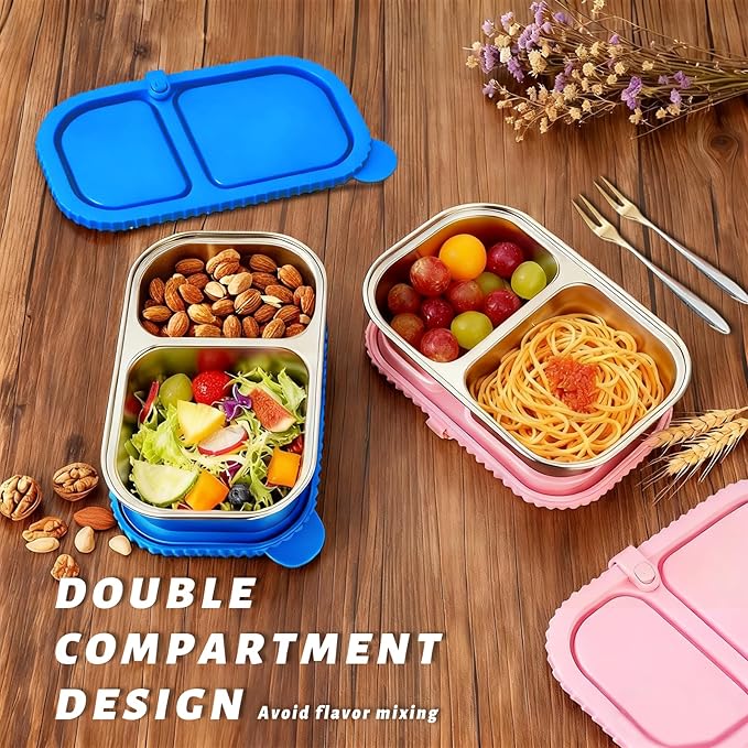 2 Pack Stainless Steel Snack Containers for Kids & Adults - Reusable 2 Compartment Snack Containers with Leakproof Silicone Lids, Divided Meal Prep Lunch Box Food Container for School, Office, Travel