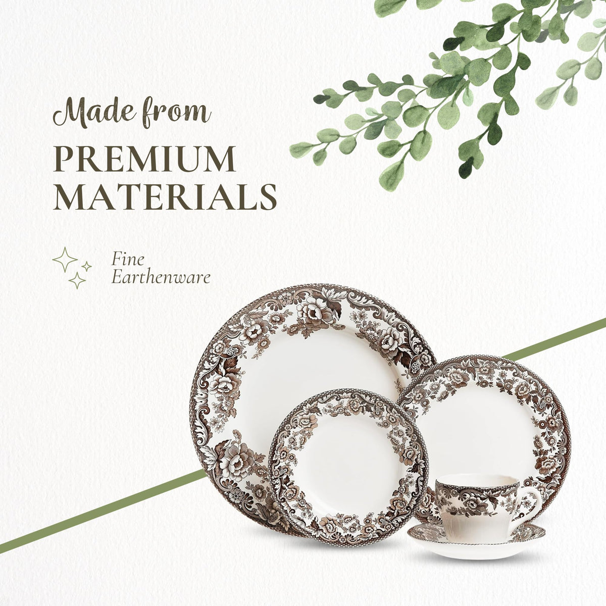Spode Delamere 5-Piece Place Setting – Rich Brown British Flowers Border, Includes Dinner, Salad, Bread Plates with Teacup & Saucer – Fine Earthenware, Dishwasher, Microwave, Oven & Freezer Safe