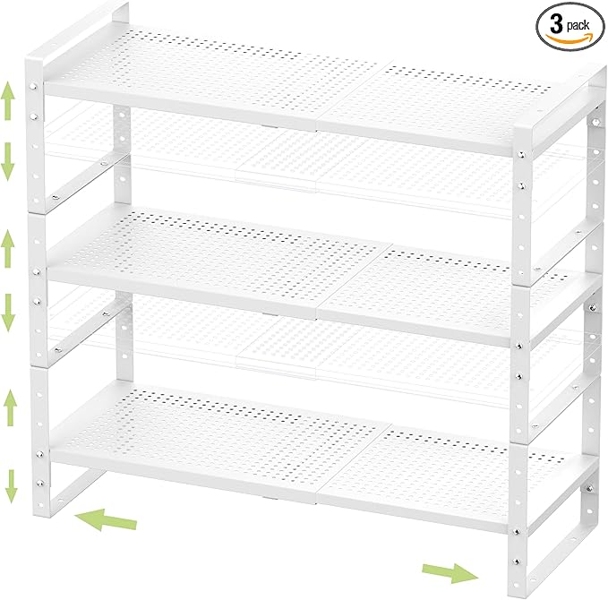 Jojocross Expandable Stackable Aadjustable Shoe Rack Pantry Shelf for Kitchen Cabinets Counter Shelves Countertop Cupboard Storage Solution,Sturdy Heavy-Duty Metal Construction(3Packs/White/Large)