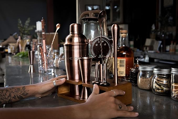 Mint & Mortar Cocktail Shaker Set – 7-Piece Stainless Steel Bartender Kit with Premium Bamboo Stand for Home Bartending - All-in-One Mixology Set for Beginners & Pros (Brushed Copper)