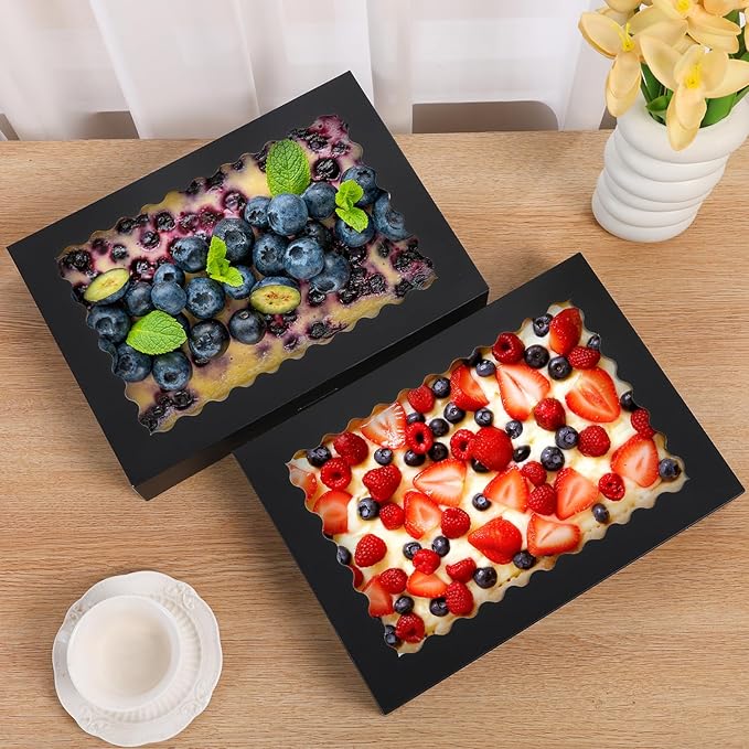 PFAMKEER Cookie Boxes,14x10x2.5 Inch Large Bakery Boxes with Window for Pies Chocolate Strawberries Muffins Donuts Pastry Dessert Christmas(Black, 14 * 10 * 2.5inch/24pcs)