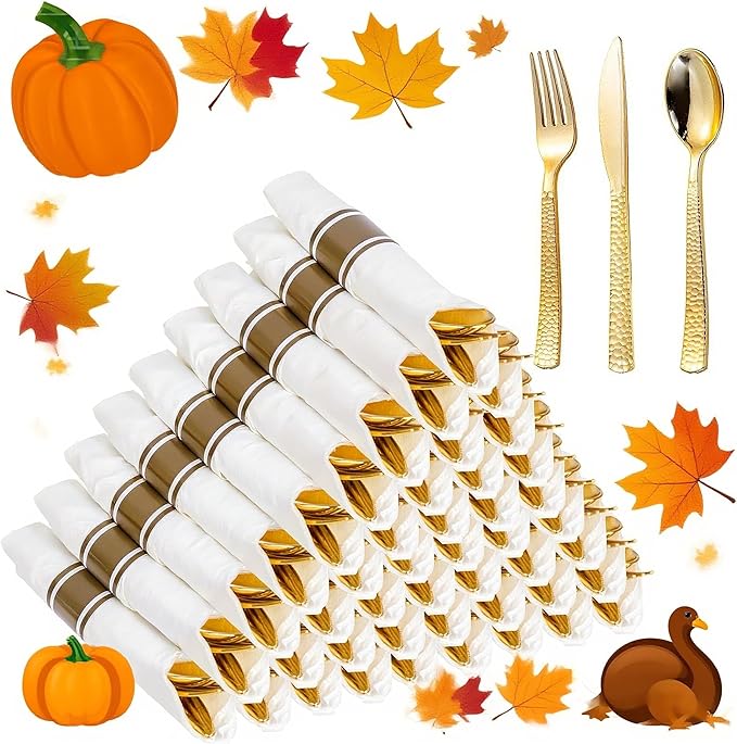 WELLIFE 75 Pack Gold Plastic Cutlery,Pre Rolled Silverware Set Disposable,Gold Disposable Utensils,Includes: 75 Forks, 75 Knives, 75 Spoons, 75 Napkins, Plastic Silverware
