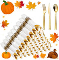 WELLIFE 75 Pack Gold Plastic Cutlery,Pre Rolled Silverware Set Disposable,Gold Disposable Utensils,Includes: 75 Forks, 75 Knives, 75 Spoons, 75 Napkins, Plastic Silverware