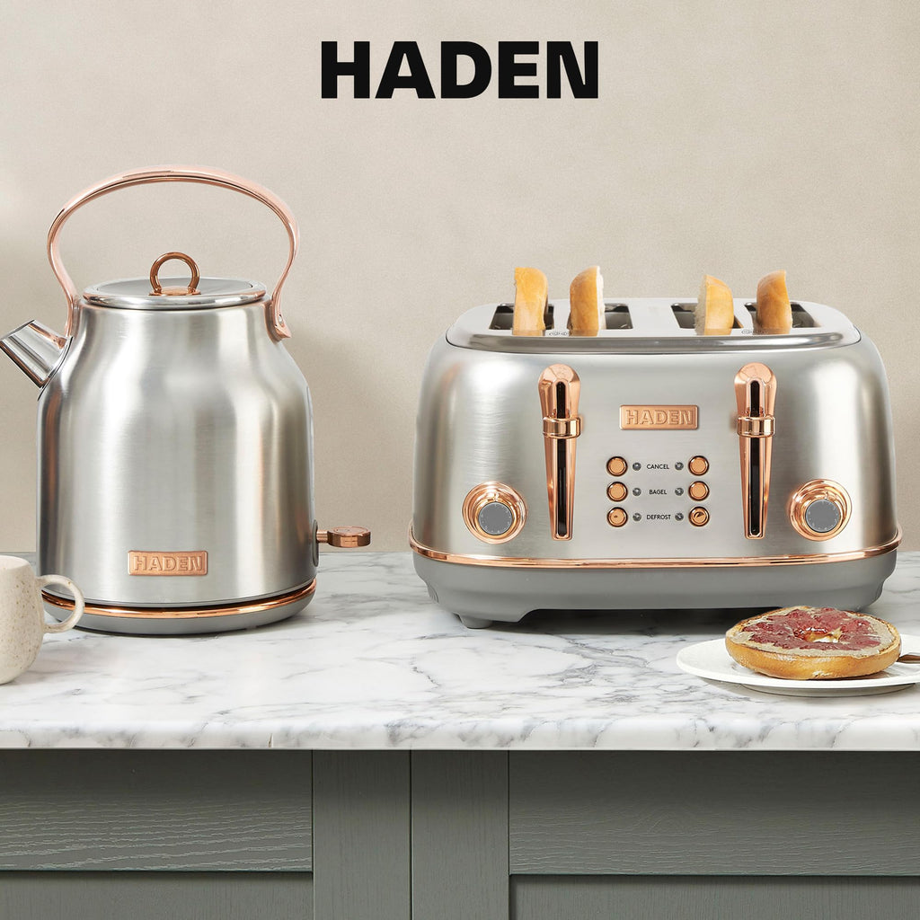 Haden Heritage 4 Slice Wide Slot Stainless Steel Toaster Bundled with 1.7 Liter Stainless Steel Electric Water Kettle, Steel & Copper