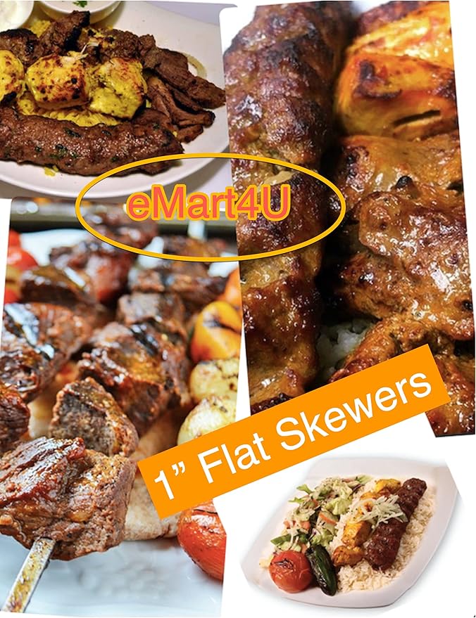 eMart4u Kabob Skewers for Grilling – 1" Wide, 24" Long Flat Stainless Steel BBQ Skewers with Wood Handle | 1 FREE Skewer | Shish Kebab for Persian, Brazilian, Koubideh (12pcs)