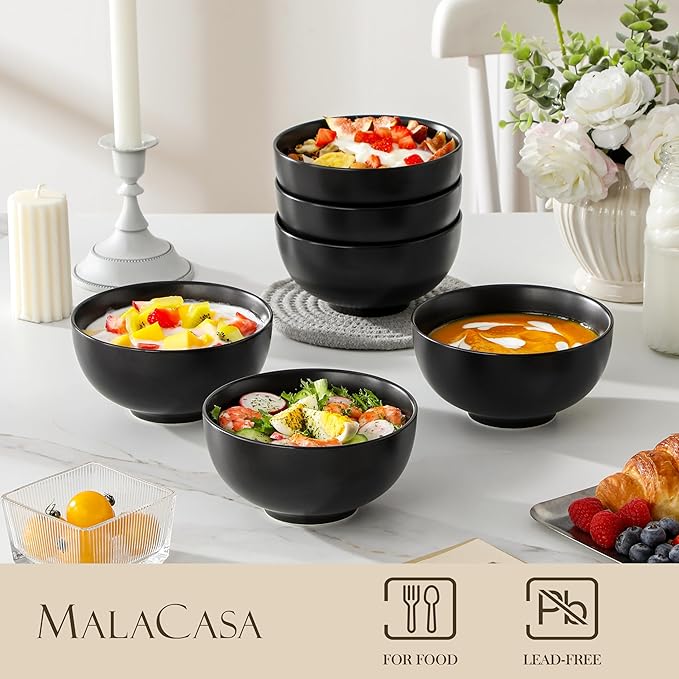 MALACASA 26 Qz Porcelain Soup Bowls, White Ceramic Cereal Bowls for Kitchen 6 inch Bowls Set of 6 for Oatmeal Salad Fruit Rice Dishwasher and Microwave Safe, Series Regular