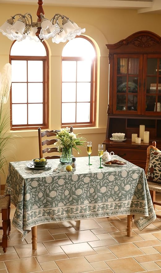ISAENNE Designer Linen Green Rectangular Tablecloth,102"x63"-Andrew A