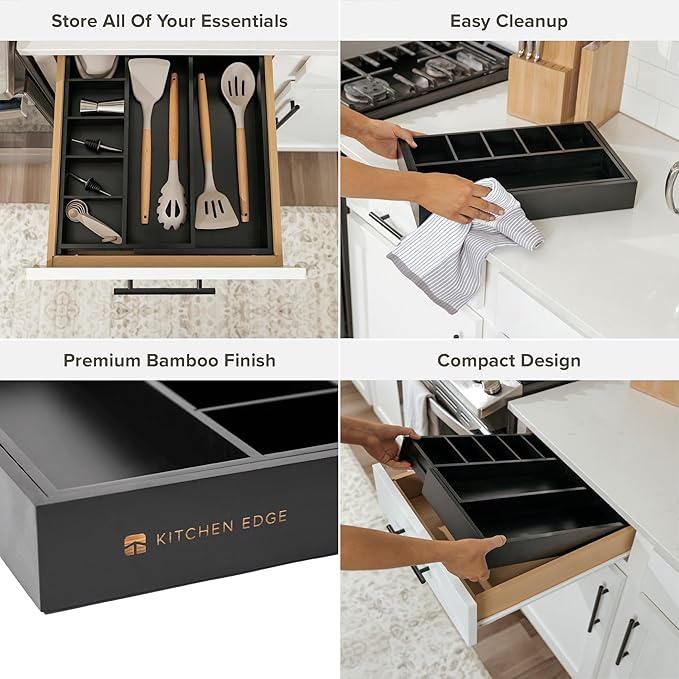 KitchenEdge Utensil & Junk Drawer Organizer, 10.5-19 in, Black Bamboo
