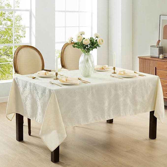 Newbridge Barcelona Luxury Damask Fabric Tablecloth, 60” Wide x 120” Rectangle, Antique White, 100% Polyester, No Iron, Soil Resistant Dining Room, Party and Banquet Table Cover