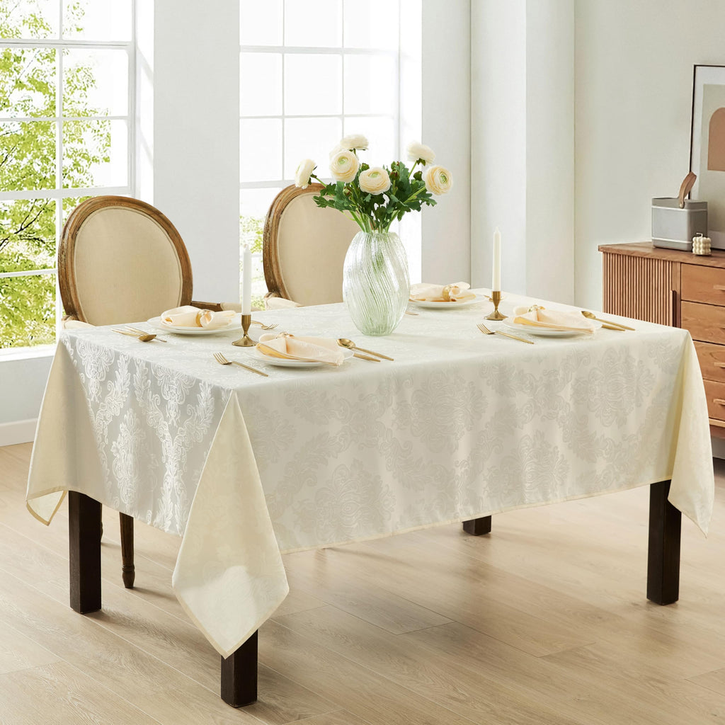 Newbridge Barcelona Luxury Damask Fabric Tablecloth, 60” Wide x 120” Rectangle, Antique White, 100% Polyester, No Iron, Soil Resistant Dining Room, Party and Banquet Table Cover