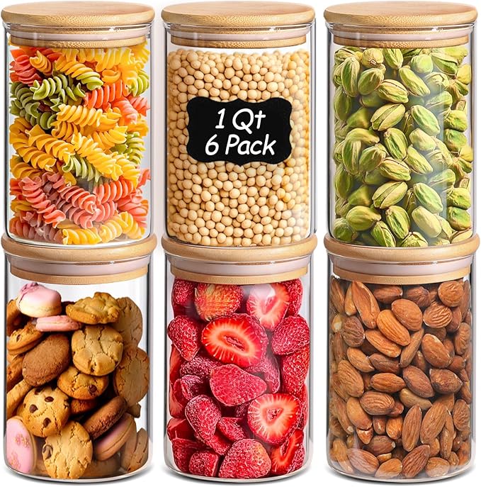 ComSaf Glass Storage Containers wtih Lids 1 Qt, Set of 6 Food Storage Jars