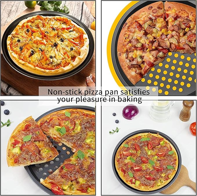 InBlossoms 11 inch Pizza Pan With Holes, Carbon Steel Perforated Non-Stick Bakeware for Home Kitchen Oven, 2 Pack