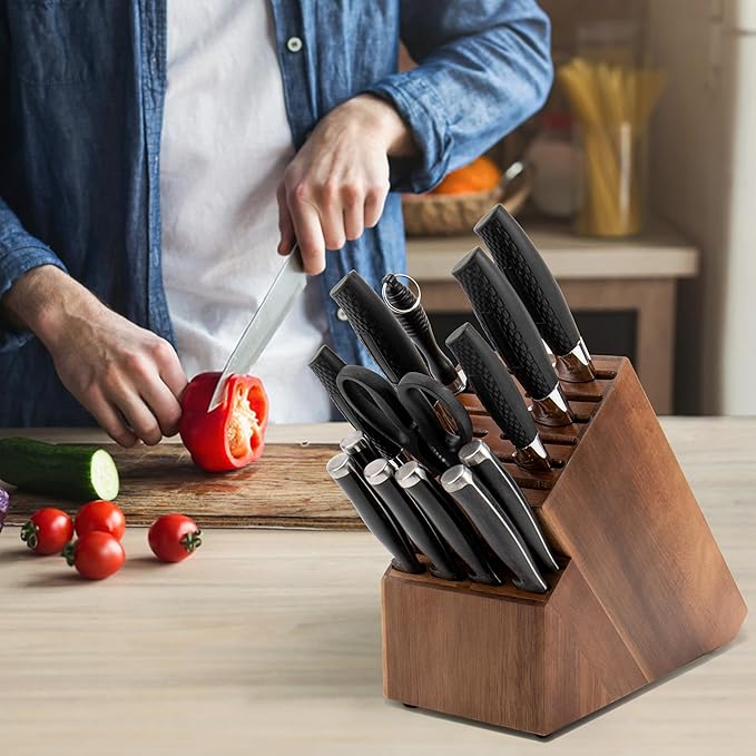 Knife Block for Kitchen Countertop - 20 Slot Universal Knife Holder with Acacia Wood, Large Knife Storage Organizer for Butcher Block, Knife Block Storage without Knives, Easy for Knife set