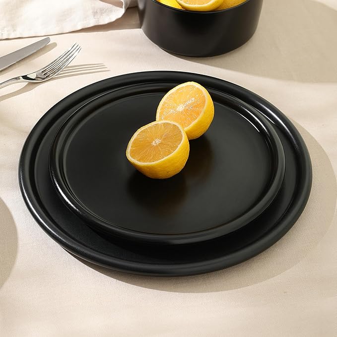 Stone Lain Eden Dinner Plate Set, 4-Piece Black Stoneware Plates - 10.75” Round Modern Tableware for Everyday Dining & Entertaining - Durable Dish Set, Microwave & Dishwasher Safe