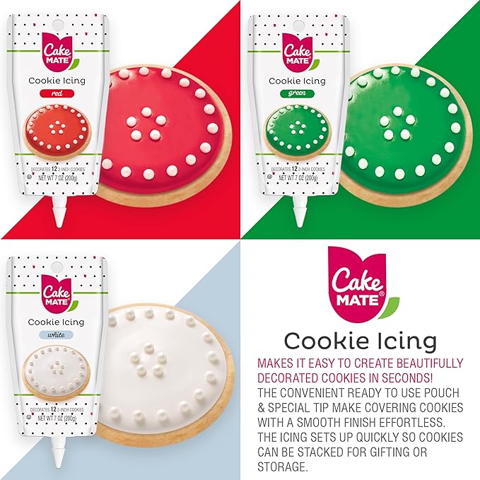 Cake Mate Christmas Cookie Decorating Kit – Red & Green Decorating Sugar (2.25 oz), White, Red & Green Cookie Icing Pouches (7 oz), Jingle Mix Non Pareil (2.1 oz) – Holiday, Cake, Cupcake & Dessert