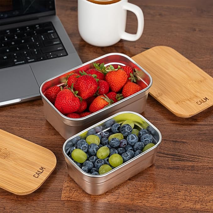 Calm Organics Stainless Steel Food Containers with Bamboo Cutting Board Lids | Set of 3 Reusable Meal Prep Boxes | Airtight Leak-Resistant | Dishwasher Safe | BPA-Free | 2, 4, 6 Cup Sizes