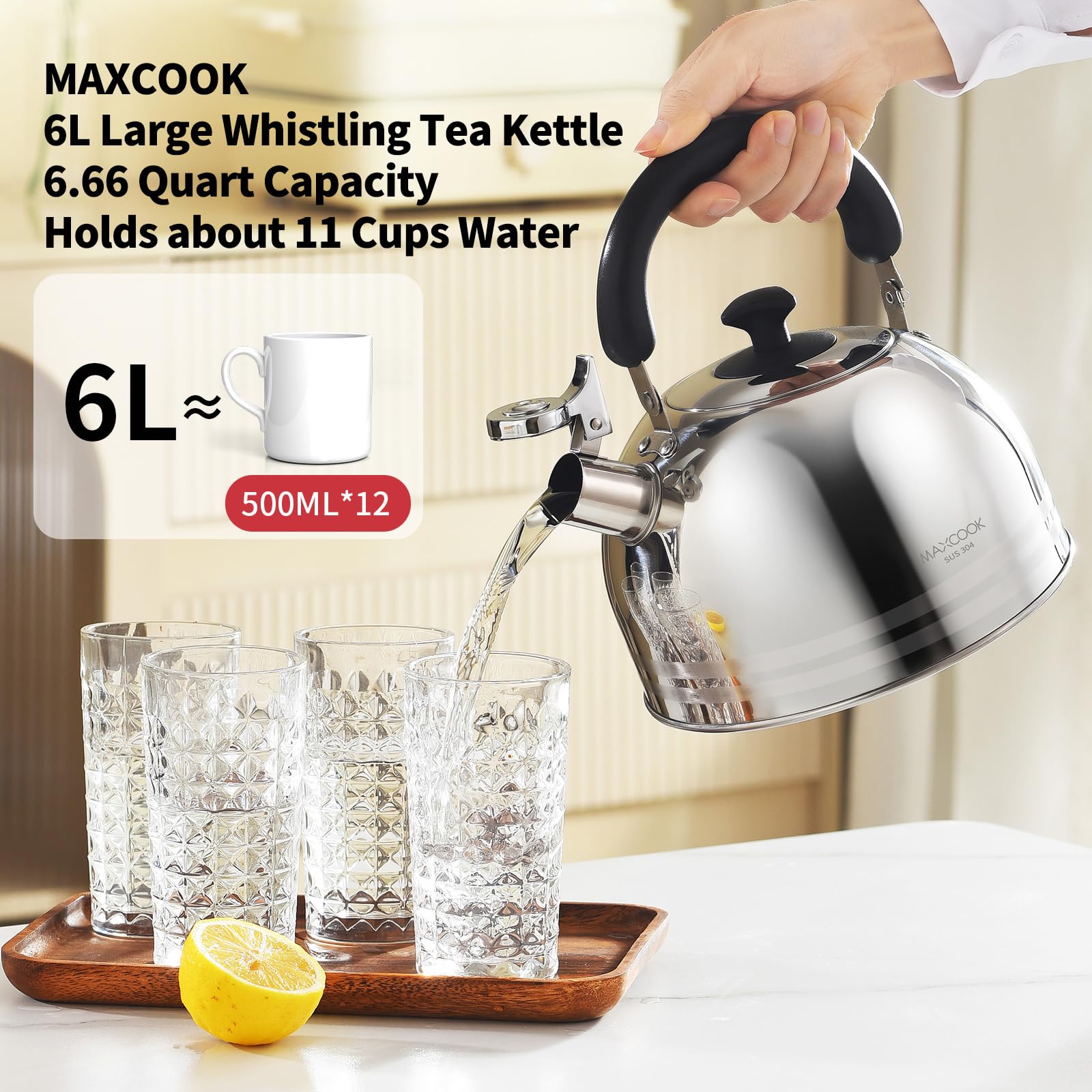 MAXCOOK Tea Kettle, 5.7QT 6L Whistling Tea Kettle for Stove Top