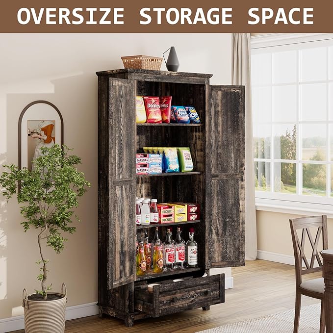 LUXOAK Farmhouse Kitchen Pantry Cabinet, 72" Tall Storage Cabinet with Adjustable Shelves & Barn Doors, Freestanding Kitchen Cupboard for Dining Room, Living Room, Dark Rustic Oak