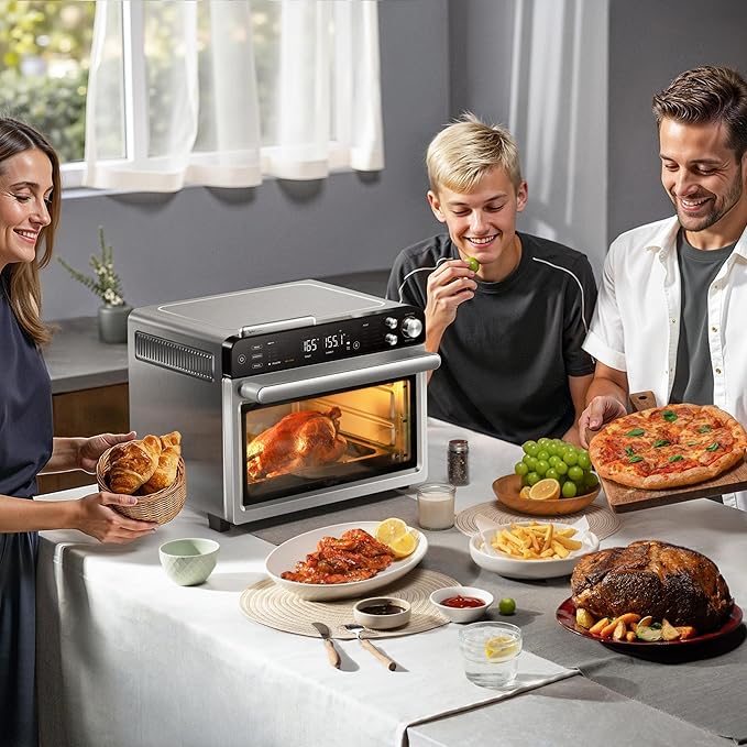 Typhur Sync Oven with Smart AI Wireless Meat Thermometer Probe, 12‑in‑1 Countertop Air Fryer Toaster Oven Combo, 360° Turbo Convection, Dehydrator, Recipe & 5 Accessories, Large 27QT, Stainless Steel