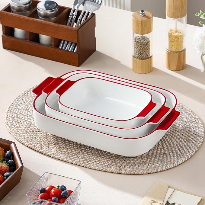 MALACASA Ceramic Casserole Dishes Set of 3, Red Trim Baking Dish for Oven