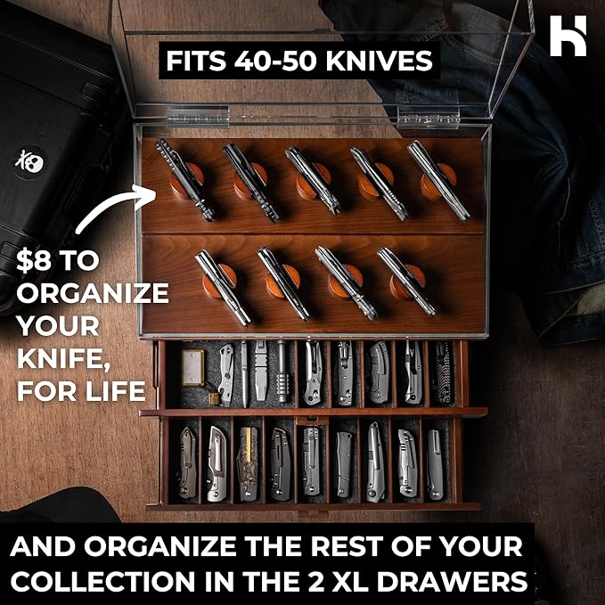 Holme & Hadfield 50 Knife Wooden Pocket Knife Display Case with 2 Drawers