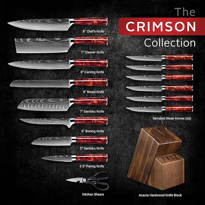 SENKEN 16-Piece Knife Block Set - Japanese High Carbon Stainless Steel with Damascus Pattern, Red Resin Handles, 6 Steak Knives & Acacia Hardwood Block (Red)