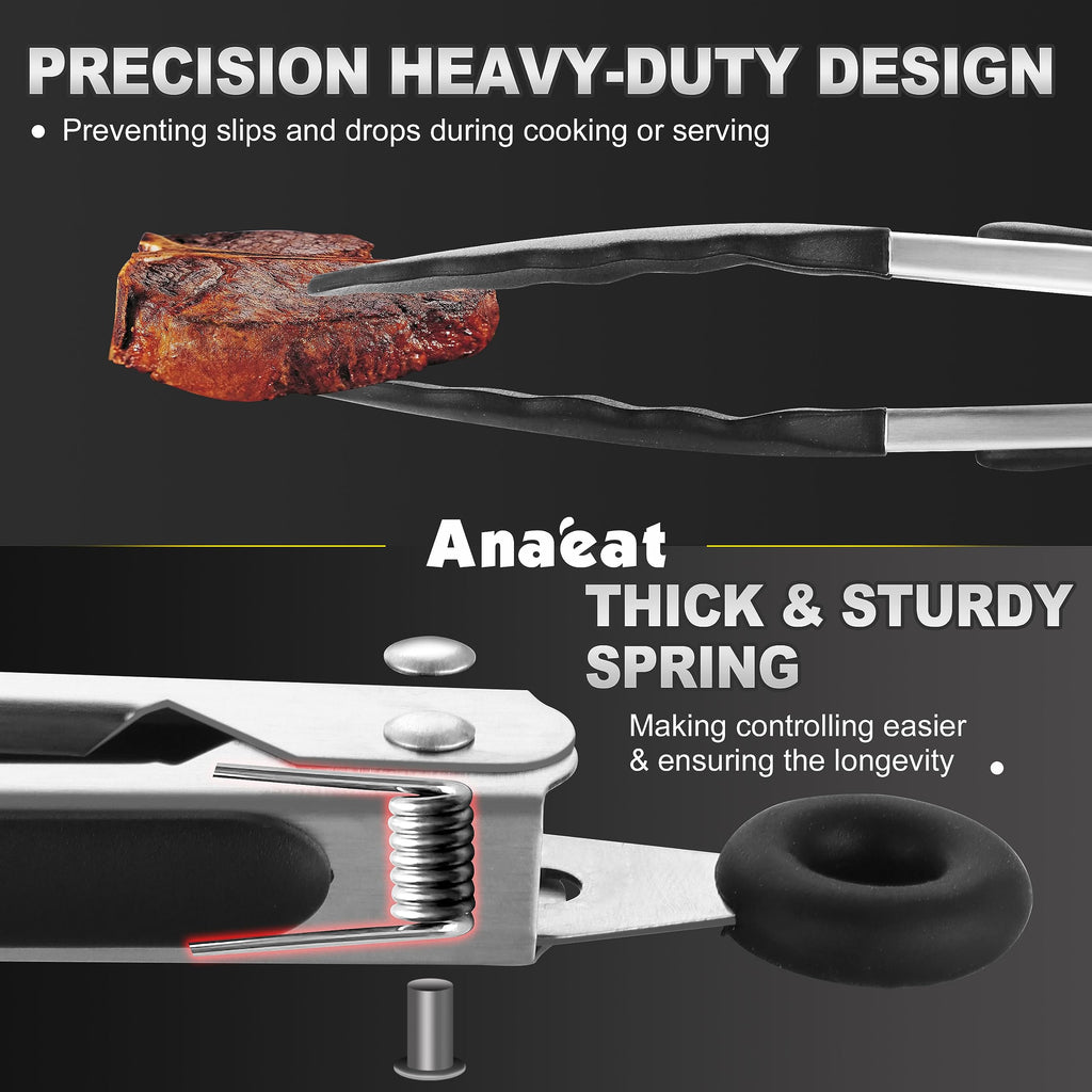 Anaeat Non-Stick Silicone Locking Tong Set of 3 - Stainless Steel 7, 9 and 12 inch Kitchen Food Tongs with Non-Slip Silicone Tips and Grip for Cooking, Baking and BBQ - Heavy Duty & Heat Resistant