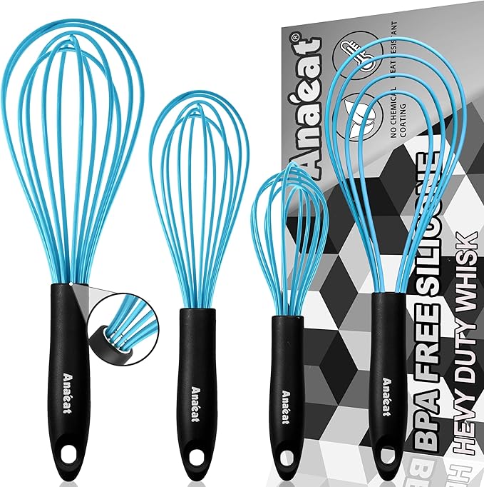 Anaeat Silicone Kitchen Whisk Set of 4, Perfect for Non-Stick Cookware, Milk and Egg Beater Blender for Whisking, Cooking, Baking, Beating - 11'' Flat Whisk and 9''+11''+12'' Balloon Whisks (Blue)