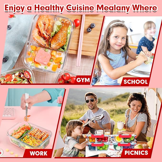 VERONES 5 PACK 36 OZ Glass Food Storage Containers 3 Compartment Set, Red