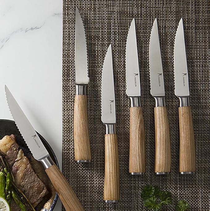 kangdelun Ultra Sharp 6-Piece Steak Knife Set, 4.5" Serrated Blades, 50Cr15MoV High-Carbon Stainless Steel, Torrefied Natural Ash Wood Handles, Magnetic Gift Box