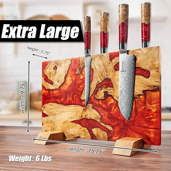 SENKEN "Red Tsunami" Extra Large Magnetic Knife Block - Holds Up to 16 Knives - Knife Block without Knives, Universal Knife Holder, Beautiful Red Resin Burl Wood Blend ("Crimson" Red Resin Blend)