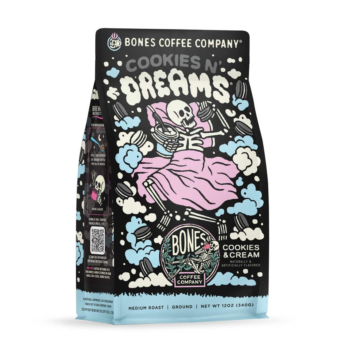Bones Coffee Company Macamaniac, Macadamia and Coconut Flavored Coffee, Medium Roast Low Acid Arabica Beans Compatible with Auto drip and French Press Coffee Maker, 12 Oz Ground