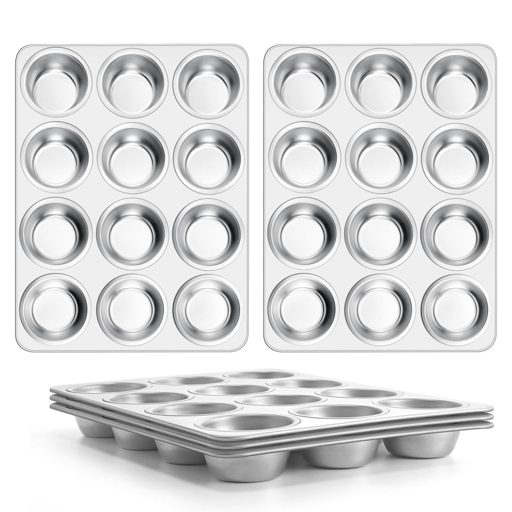 E-far 12-Cup Muffin Pan Set of 4, Stainless Steel Cupcake Pan for Oven
