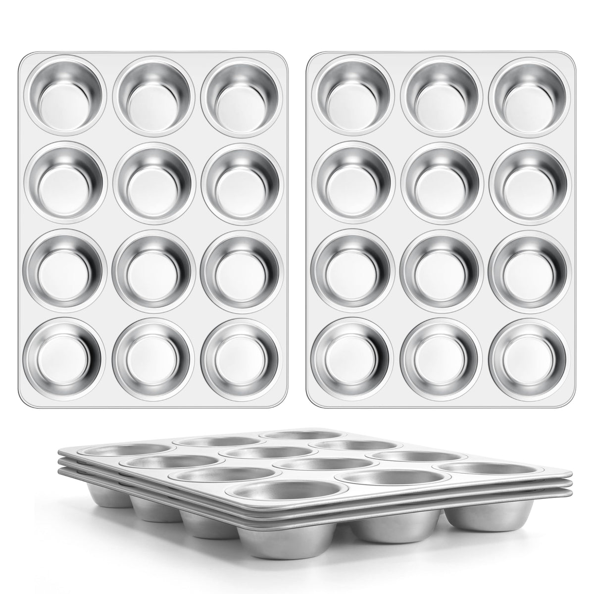 E-far 12-Cup Muffin Pan Set of 4, Stainless Steel Cupcake Pan for Oven