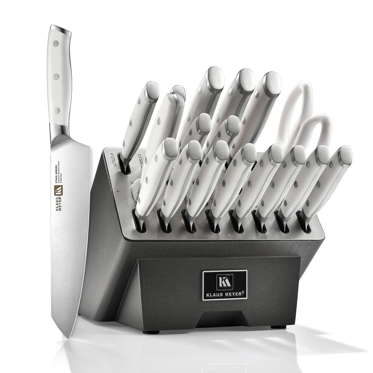 Klaus Meyer Stahl 19-Piece German Steel Kitchen Knife Block Set (White)