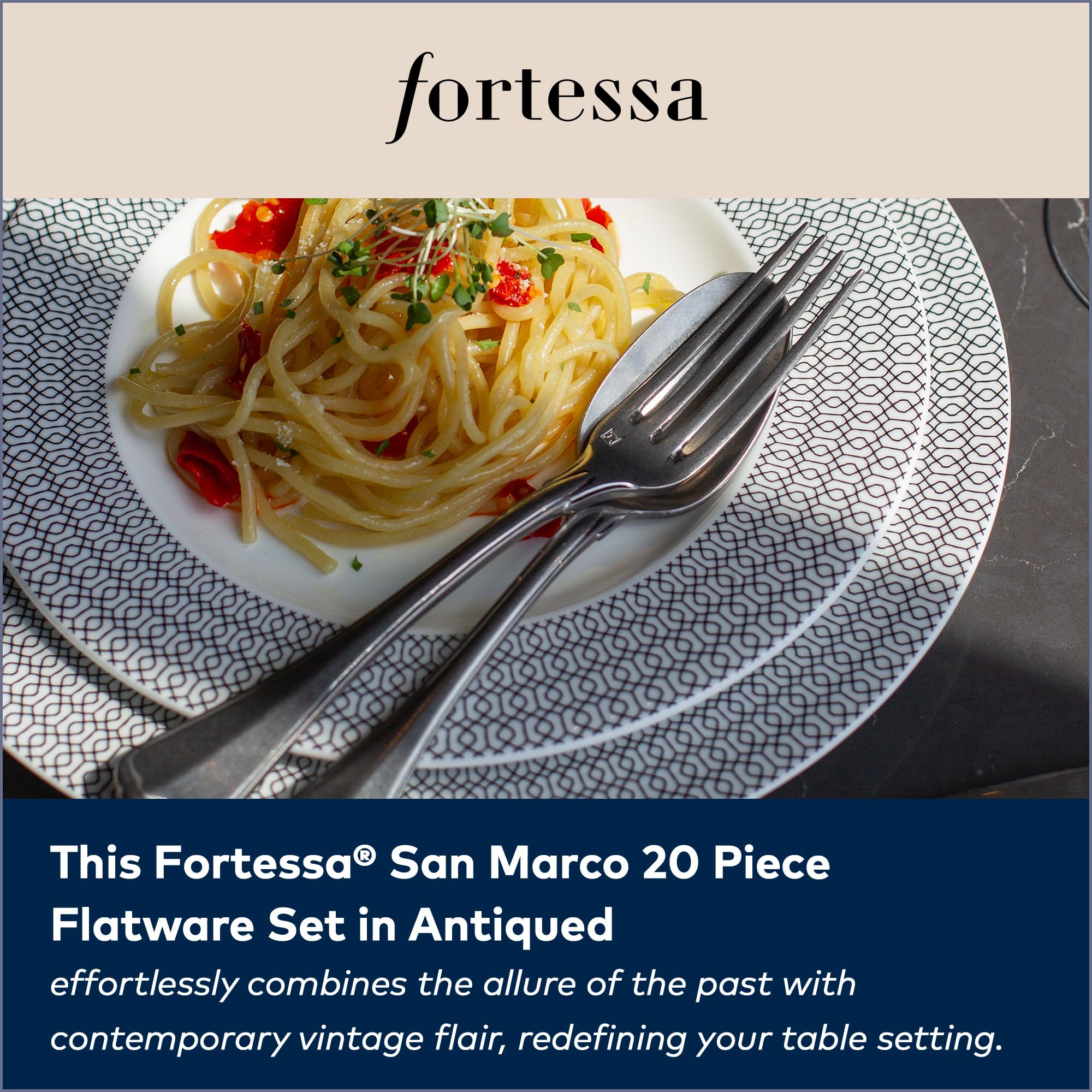 FORTESSA San Marco 18/10 Stainless Steel Flatware, 20 Piece Place Setting With Table Knives, Forks and Spoons (Service For 4), Dishwasher Safe, Antiqued