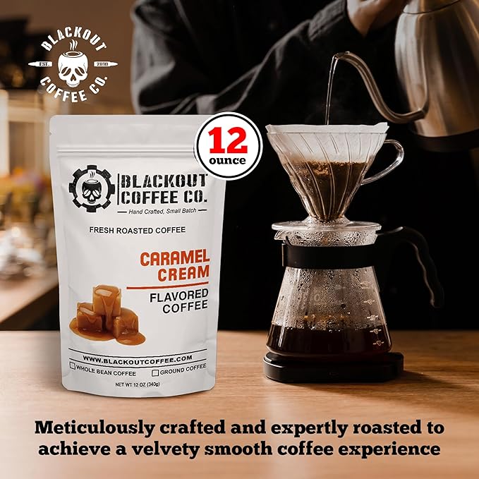 Blackout Coffee Caramel Cream Flavored Ground Coffee – Medium Roast, Smooth Taste, Guilt-Free Indulgence – Freshly Roasted 12oz Bag.