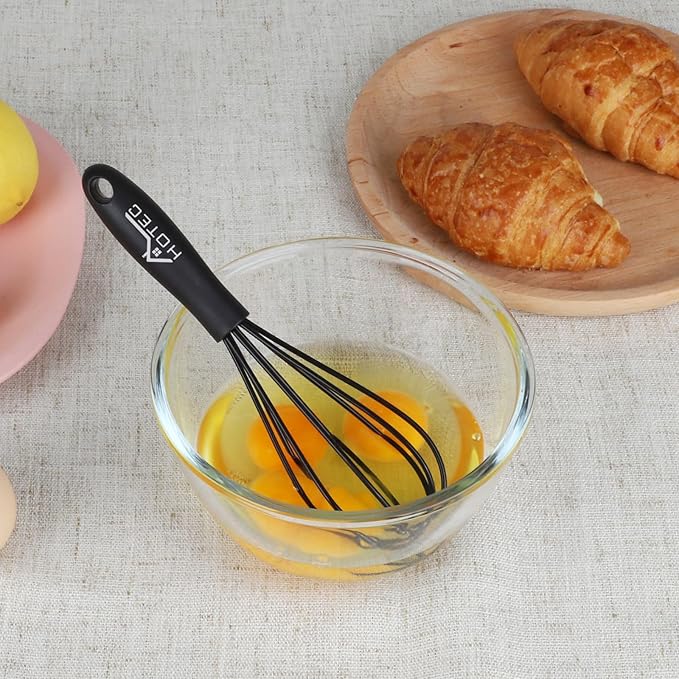 HOTEC 4 Pieces Silicone Whisks Set, Wire Balloon Whisks for cooking Egg Beater, Non-slip Handle Whisk for Non-stick Cookware Perfect for Cooking, Stirring, Beating and Blending,Black