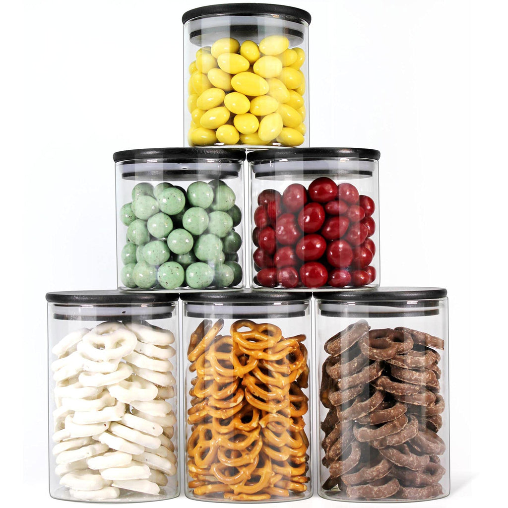 Urban Green Glass Jars with Black Bamboo Lids, Food Storage Containers with Airtight Black Lids, Glass Kitchen Canisters Sets (3 pack of 20oz + 3 pack of 30oz)