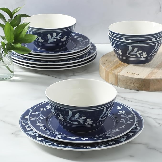 Martha Stewart Dinnerware Set- Maiden Crown 12-Piece Sky Blue Dishes – New Bone China Ceramic Plates & Bowls – Floral Design – Service for 4 – Microwave & Dishwasher Safe