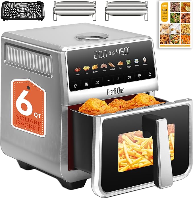 Grano Care Stainless Steel Air Fryer 6 Qt, Ceramic glaze Air Fryer, Stainless Steel Housing& Full Metal Inner Pot, PTFE and PFAS Free, 9 Digital One-Touch Cook Functions,120°F~450°F, 1700W